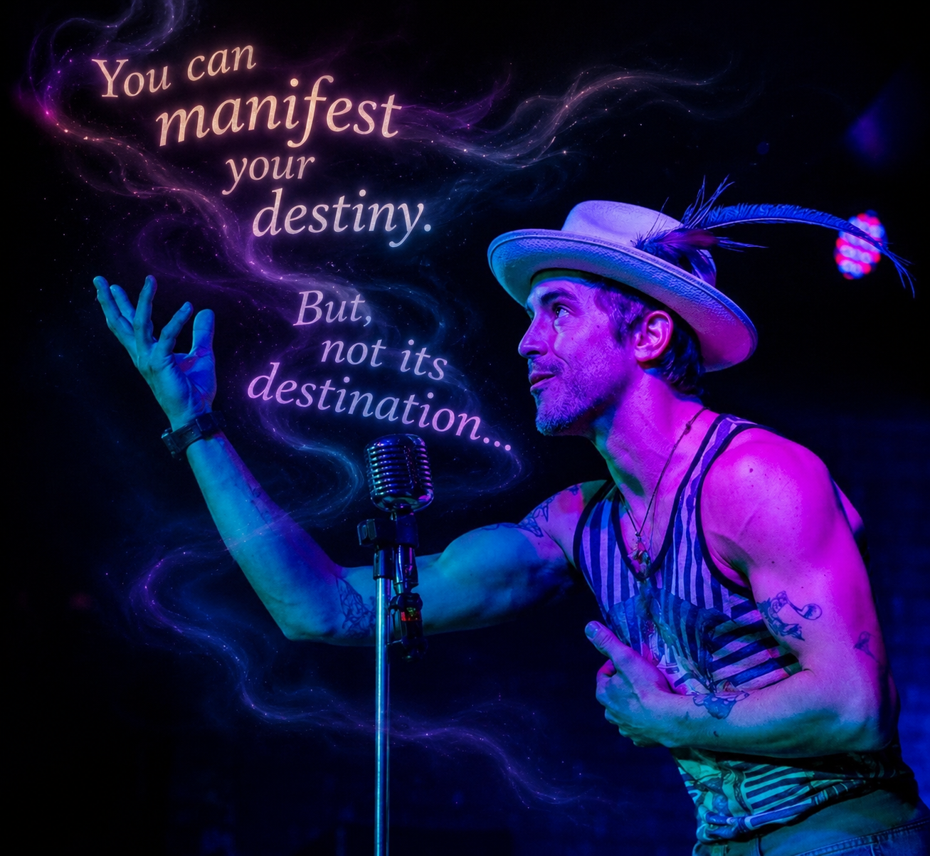 Cam "the" Poet performing spoken word into a vintage microphone under violet stage light