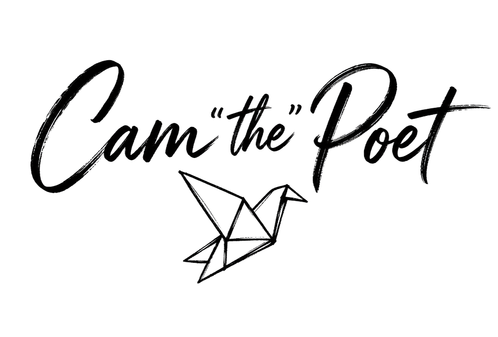 Cam "the" Poet handwritten logo with origami bird